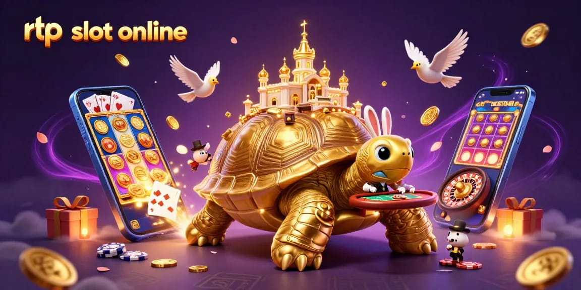 Experience the thrill of rtp slot online with this vibrant casino scene featuring a tortoise, dealer, and coins.
