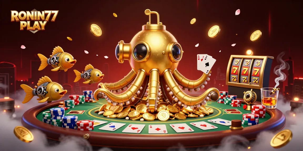 Engage in thrilling gameplay with RONIN77 PLAY as the golden kraken submarine surfaces in a sea of coins.