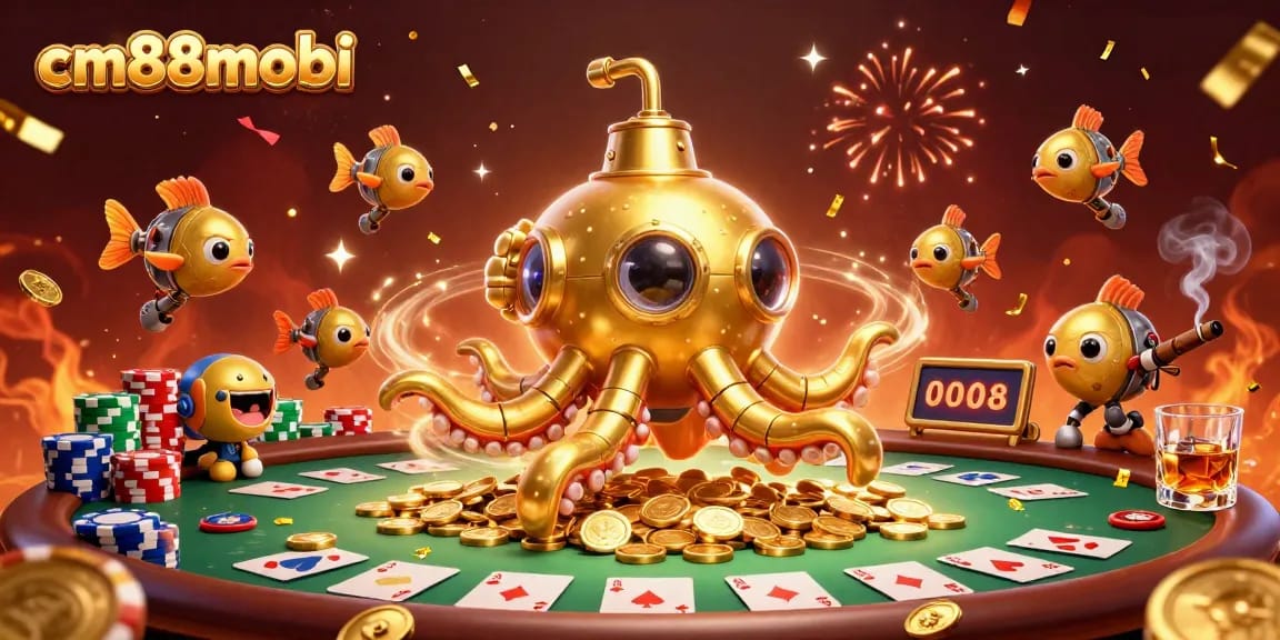 Spin to win at cm88mobi with vibrant casino-themed 3D illustration of kraken and poker elements.