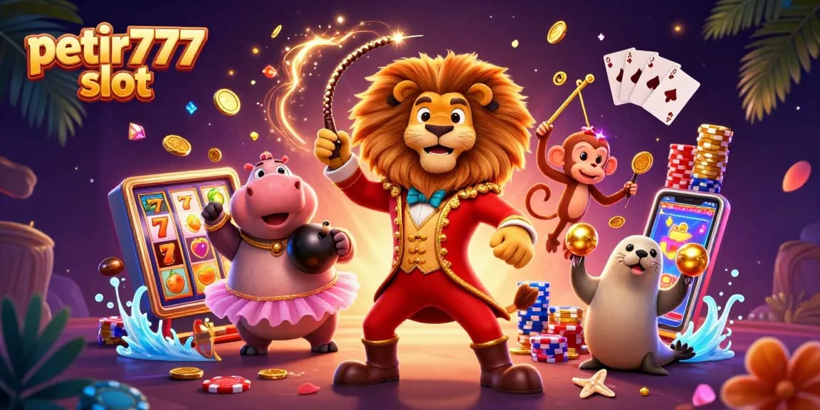 Engage with the vibrant action of petir777 slot in a colorful circus-themed online casino scene.