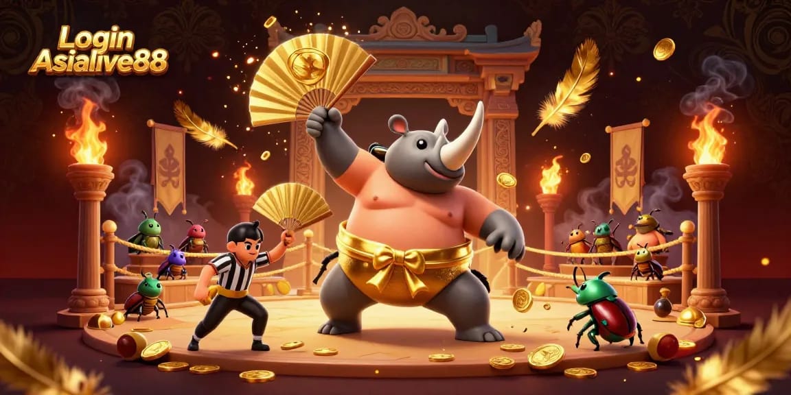 Engage with Login Asialive88 featuring a beetle sumo champion amidst golden coins and vibrant gambling elements.
