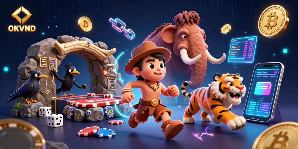 Experience thrilling gameplay with OKVND in a vibrant prehistoric casino scene.
