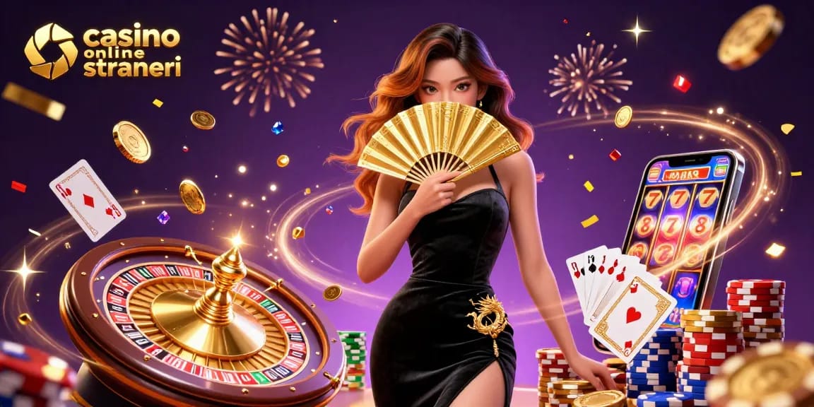 Monete d'oro a cascata e gemme in una vivace scena di casinò con branding di casinò online stranieri.