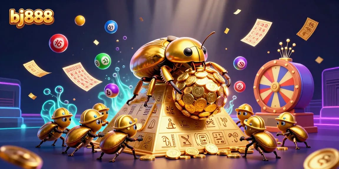 Experience the excitement of bj888 with golden coins, colorful lottery elements, and dynamic casino action.