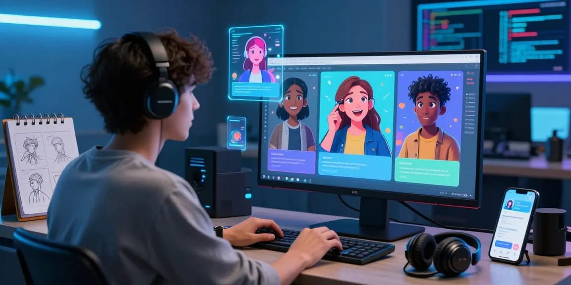 Interactive nsfw ai chat experience with vibrant avatars and futuristic setup