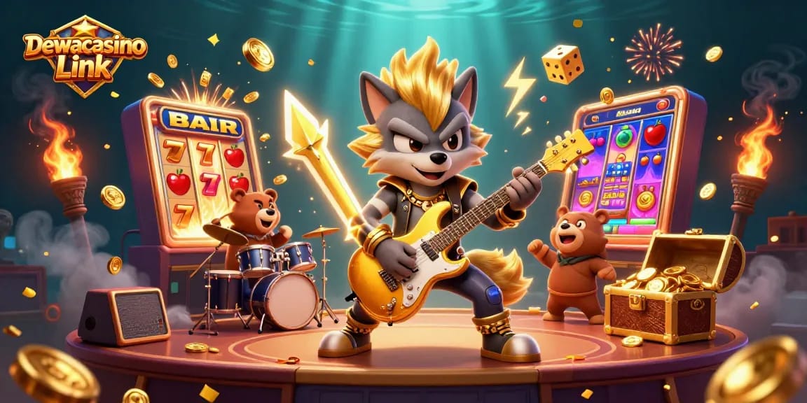 Dewacasino Link showcases thrilling gameplay with a cartoon rock star wolf and drummer bear on a vibrant casino stage.