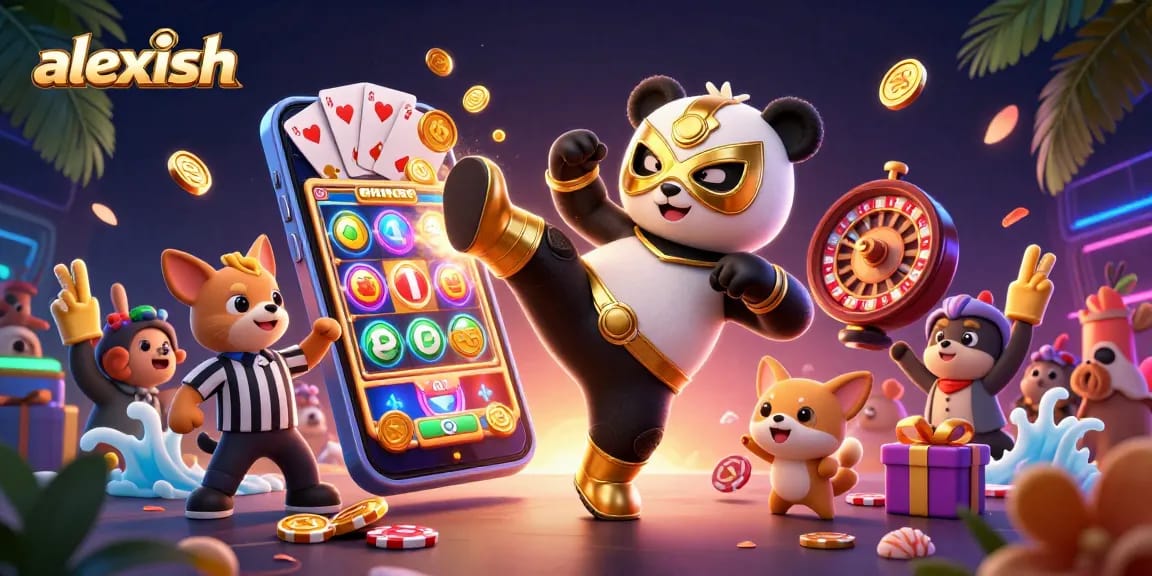 Experience thrilling action with alexish as a cartoon panda wrestler kicks, showcasing a vibrant casino scene.