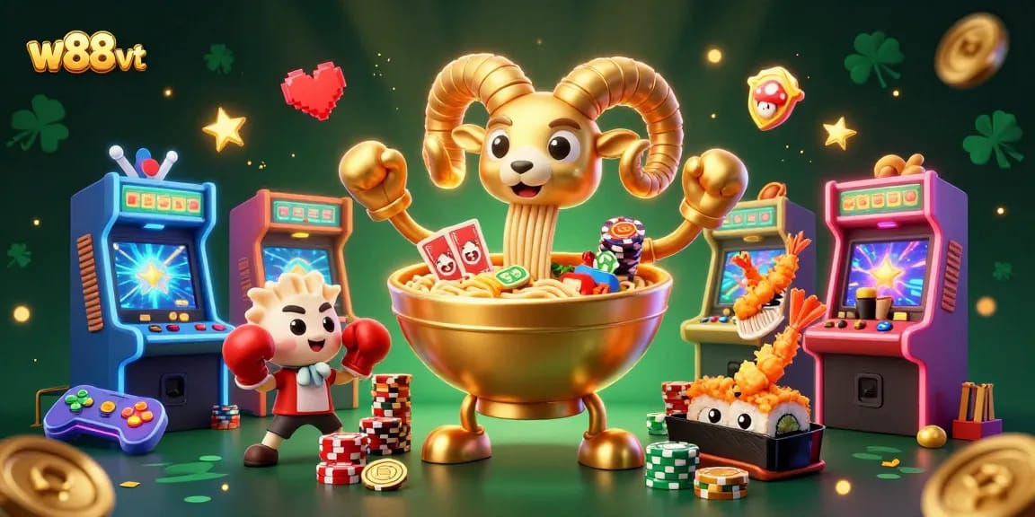 Cá cược tại w88 vt với rồng ramen vàng vui nhộn và gyoza bên cạnh, trải nghiệm hấp dẫn
