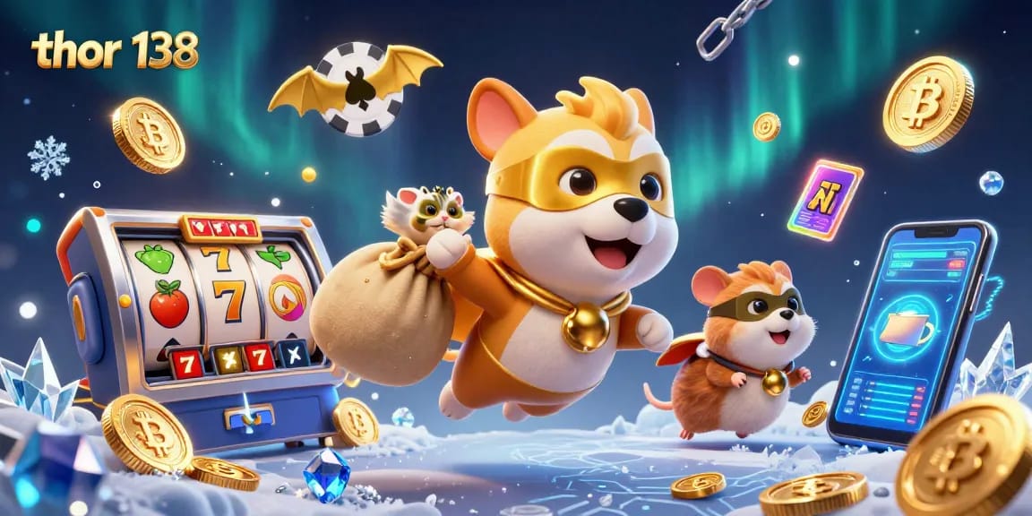 Memenangkan kasino dengan Thor 138, anjing superhero terbang membawa koin emas di latar belakang permainan slot.