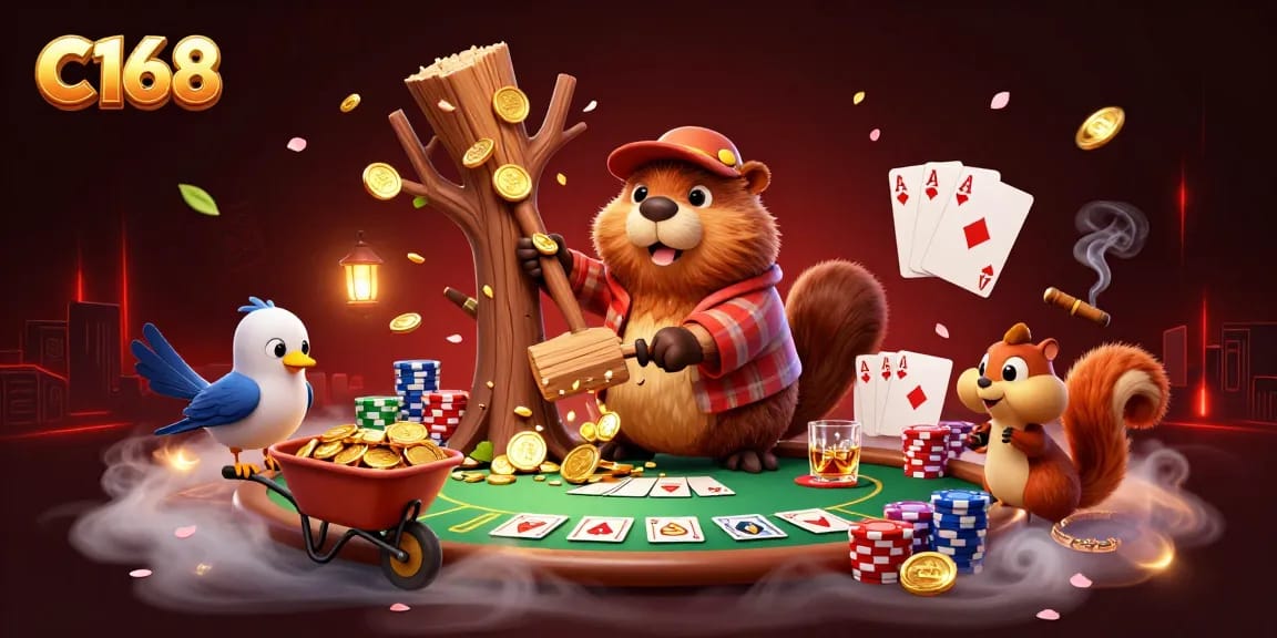 C168 platform showcasing a beaver and friends collecting coins in a casino-themed landscape rich with poker elements.