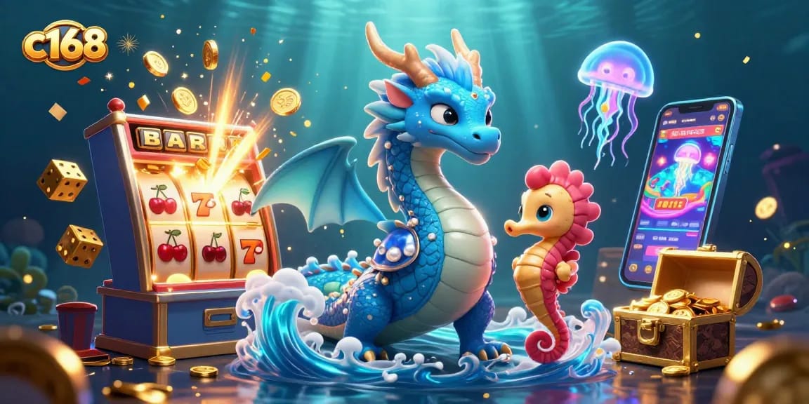Experience thrilling gameplay at c168 with a vibrant scene of a water dragon and seahorse knight surrounded by jackpot elements.