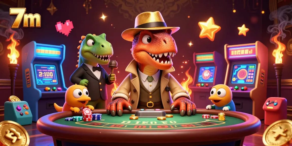 Engaging 3D cartoon scene from 7m featuring a velociraptor card counter at a blackjack table surrounded by vivid game elements.