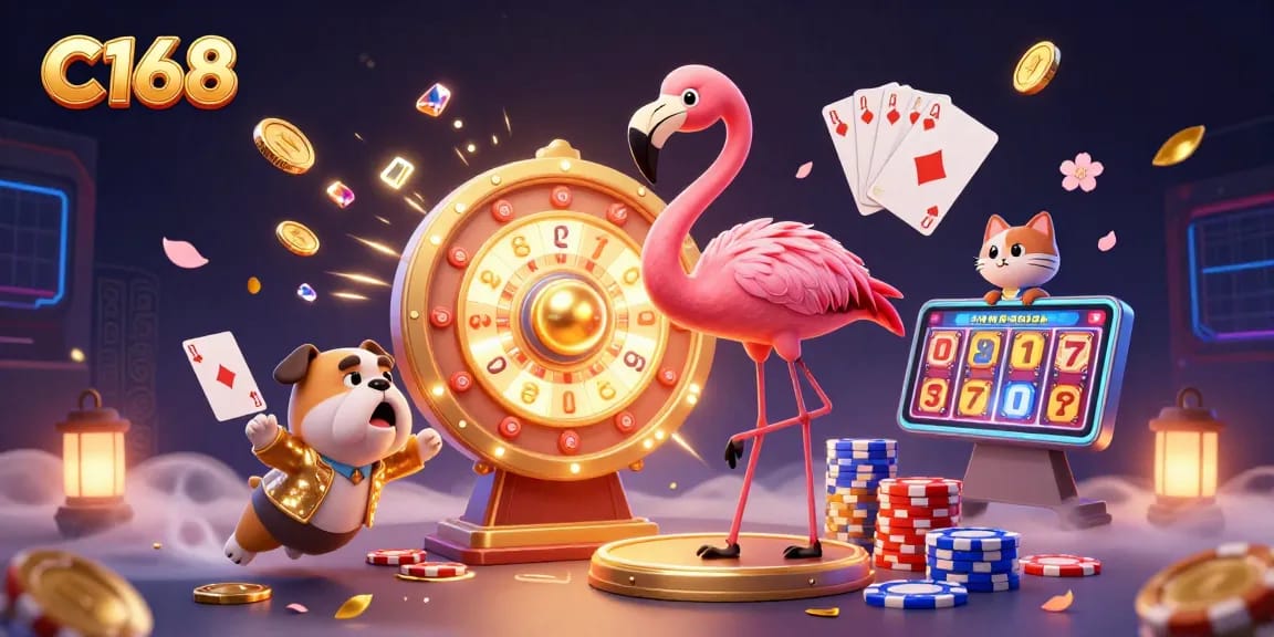 C168's vibrant gaming scene showcases a golden prize wheel, excited bulldog contestant, and festive casino atmosphere, perfect for betting.