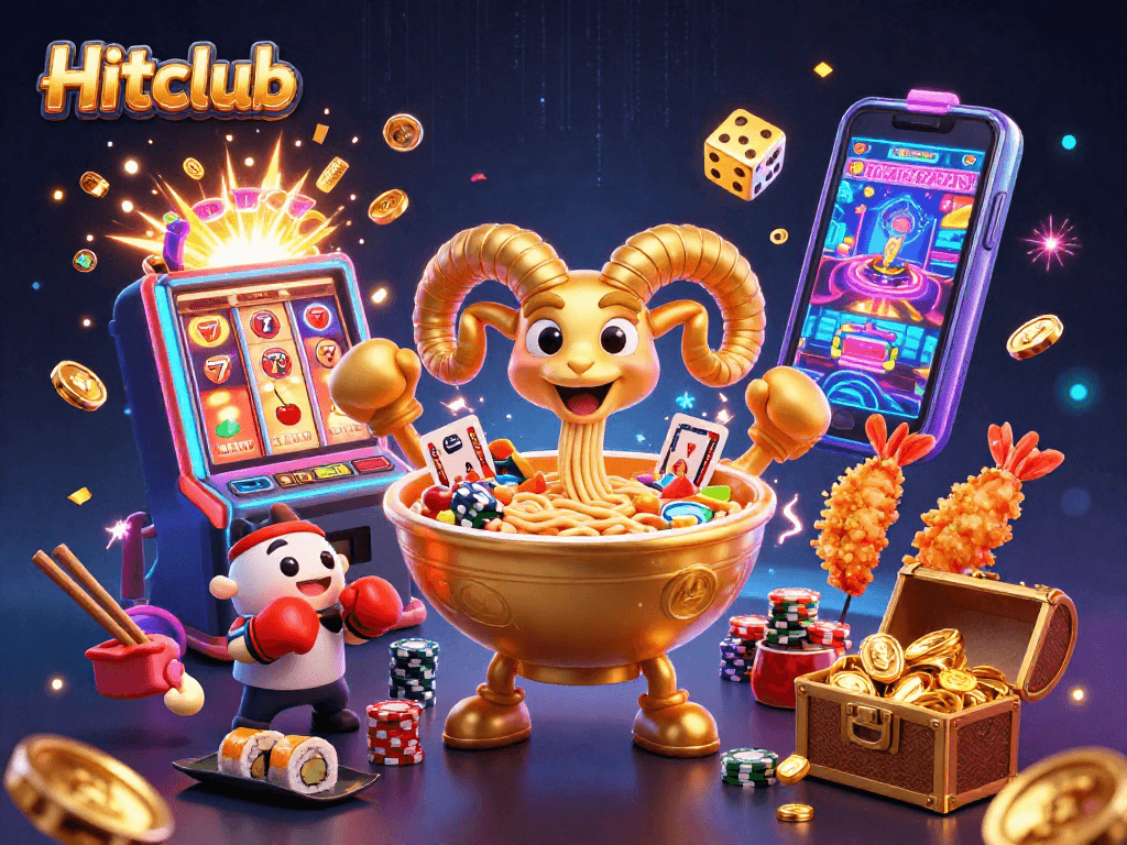 Hitclub showcases a vibrant 3D illustration of a golden ramen bowl character engaging in casino excitement, surrounded by lively game elements.
