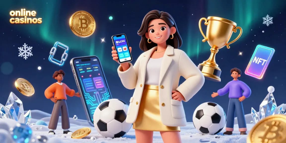 Explore online casinos with a vibrant 3D illustration showcasing gaming elements and crypto integration.