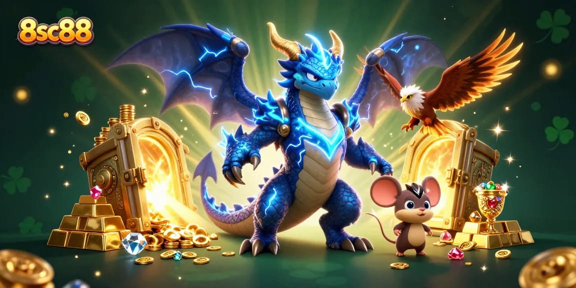8sc88 brings excitement to the gaming scene with a dynamic casino illustration showcasing thrilling elements.