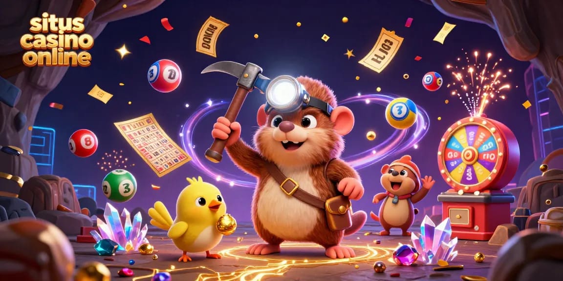 Play at situs casino online with vibrant gaming elements dynamic in a celebratory 3D scene.