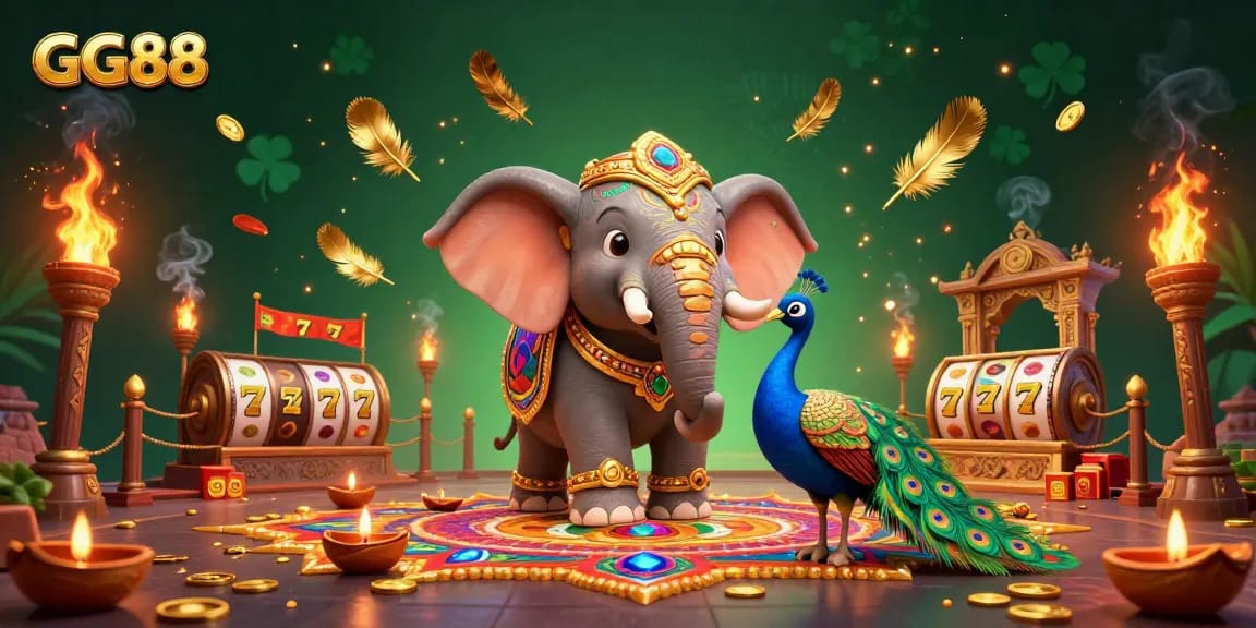 Engage with GG88 and explore colorful casino action featuring a Diwali-themed elephant and peacock.