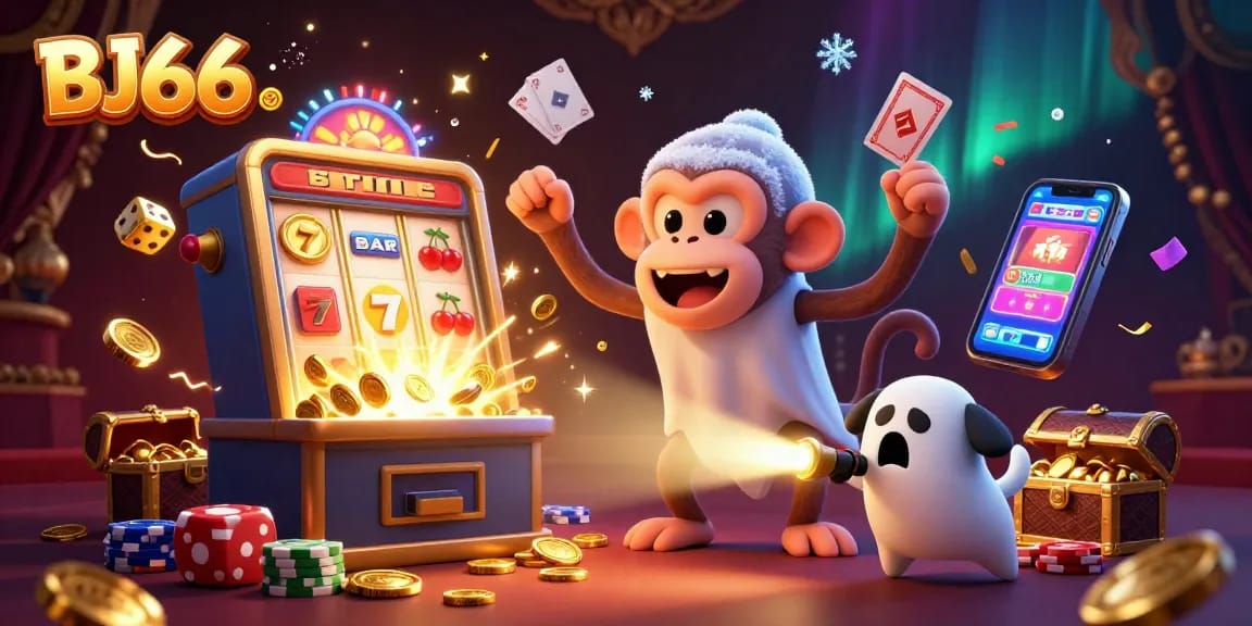 Experience the vibrant action of BJ66 with a poltergeist monkey juggling coins and a curious puppy tracking its antics in a lively casino.