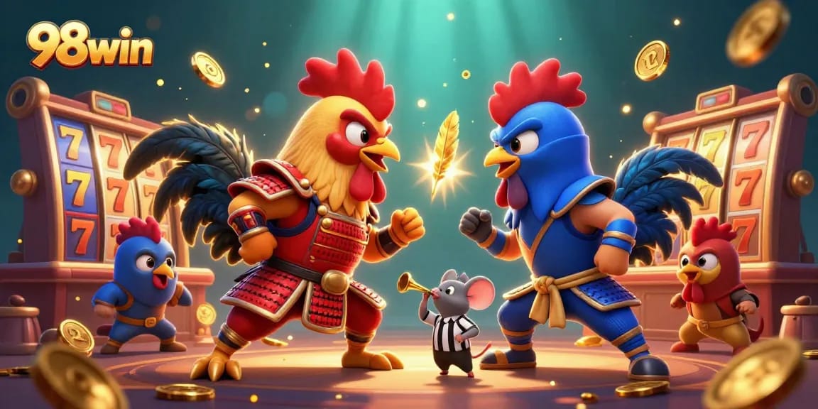 Win big at 98win with thrilling jackpot spins and fierce rooster battles in a vibrant illustration.