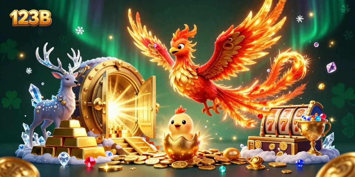Experience thrilling wins with 123B as the phoenix rises amidst gold and jackpots in a dazzling casino scene.