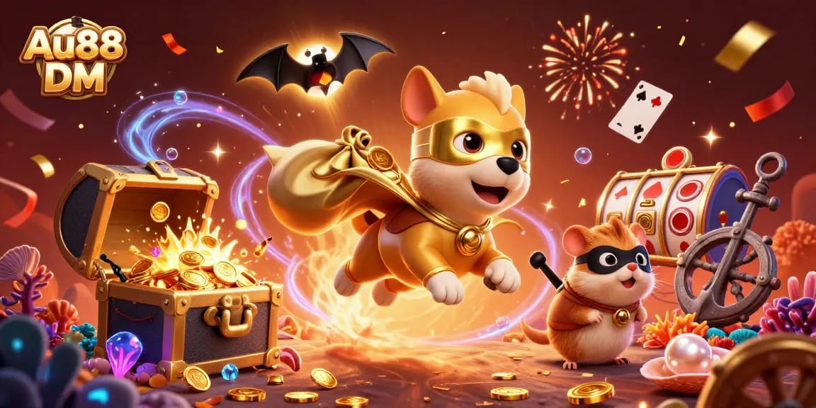 Win big with Au88 DM in an action-packed casino adventure featuring cartoon characters and vibrant elements.
