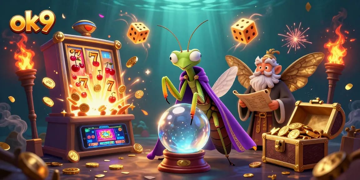 Spin the reels at ok9 with a vibrant casino scene featuring slot machines and lively characters.
