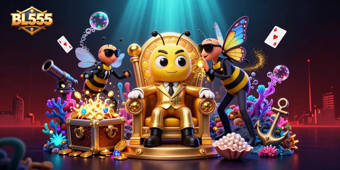 Engage with the thrilling casino experience at BL555, featuring a vibrant 3D scene full of excitement.