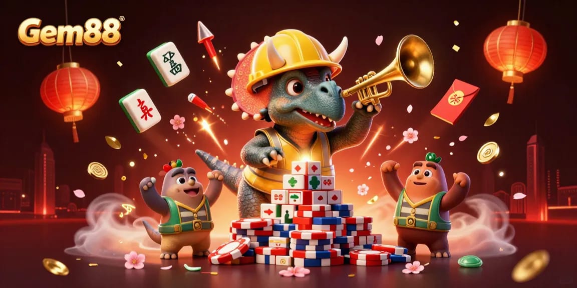 Gem88 animates a lively casino scene with a triceratops building poker chips, celebrating with lanterns.
