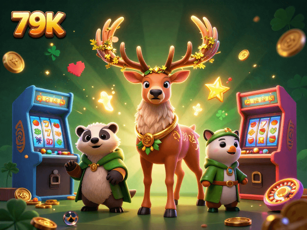 Slot 79K em ação, com druid e guaxinim cercados por máquinas e luzes mágicas.