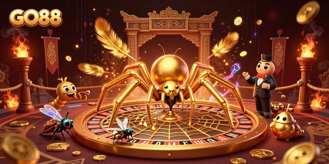 GO88: Experience thrilling casino action with a dynamic roulette scene featuring a golden spider and croupier