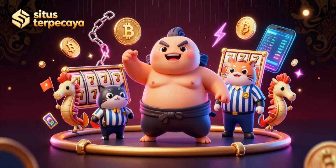 Join the excitement at situs terpercaya with this captivating underwater casino scene featuring a cartoon fugu and slot elements.