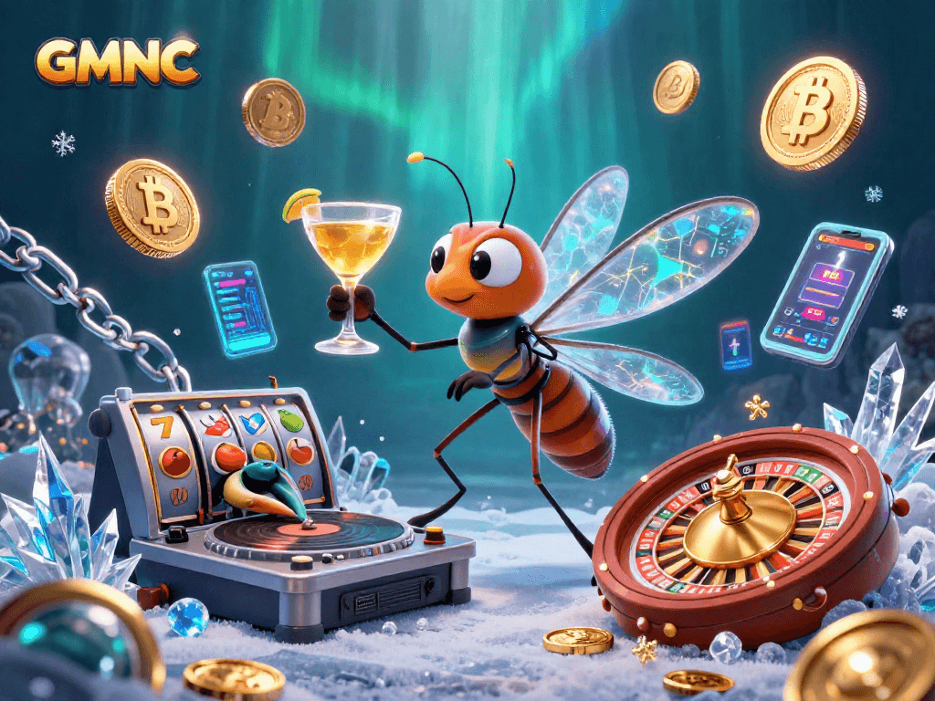 Engage with GMNC's vibrant casino scene featuring a quirky cocktail mascot, trilobite DJ, and golden roulette animations.