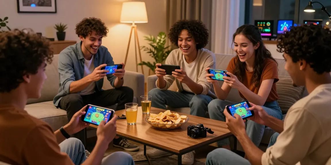 Friends enjoying the jz777games on smartphones in a cozy living room, capturing joyful moments and gaming excitement.