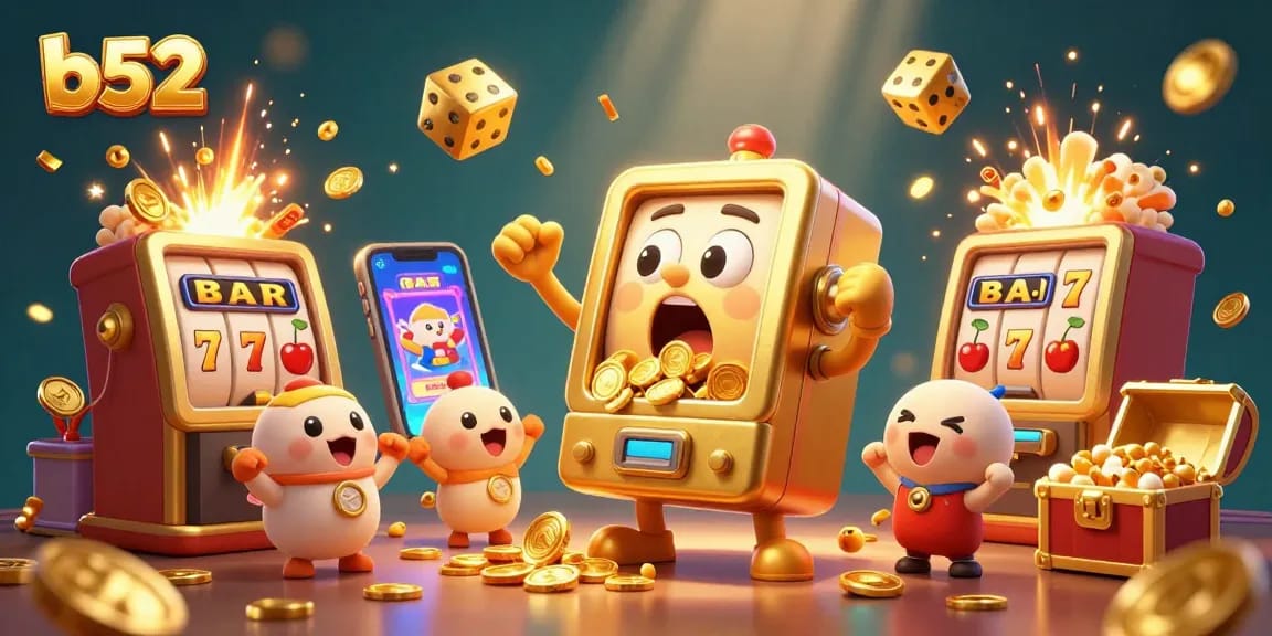 b52 elevates gameplay excitement with golden slot machines hitting jackpots, cheering fans, and casino elements.