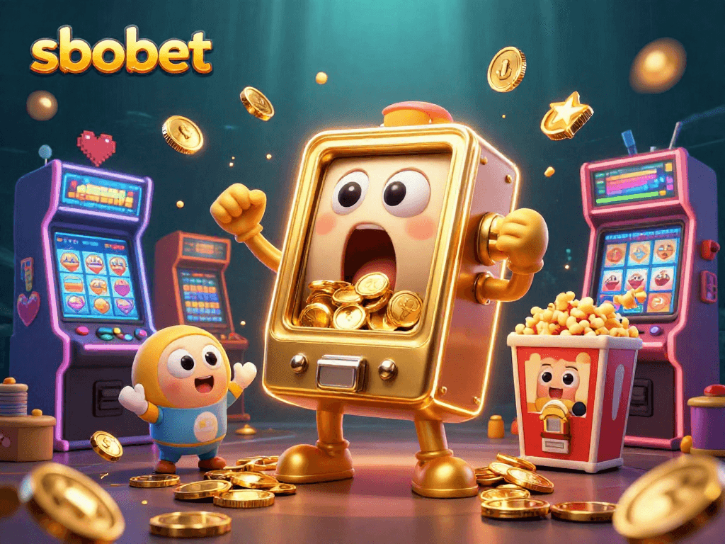 Experience sbobet excitement with cartoon slot machines celebrating wins amidst a vibrant casino scene.