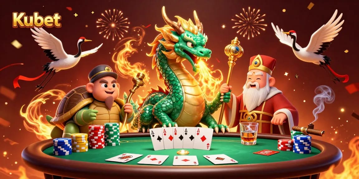 Mengklaim bonus di Kubet sambil menikmati ilustrasi kasino 3D dengan karakter naga dan penyu.