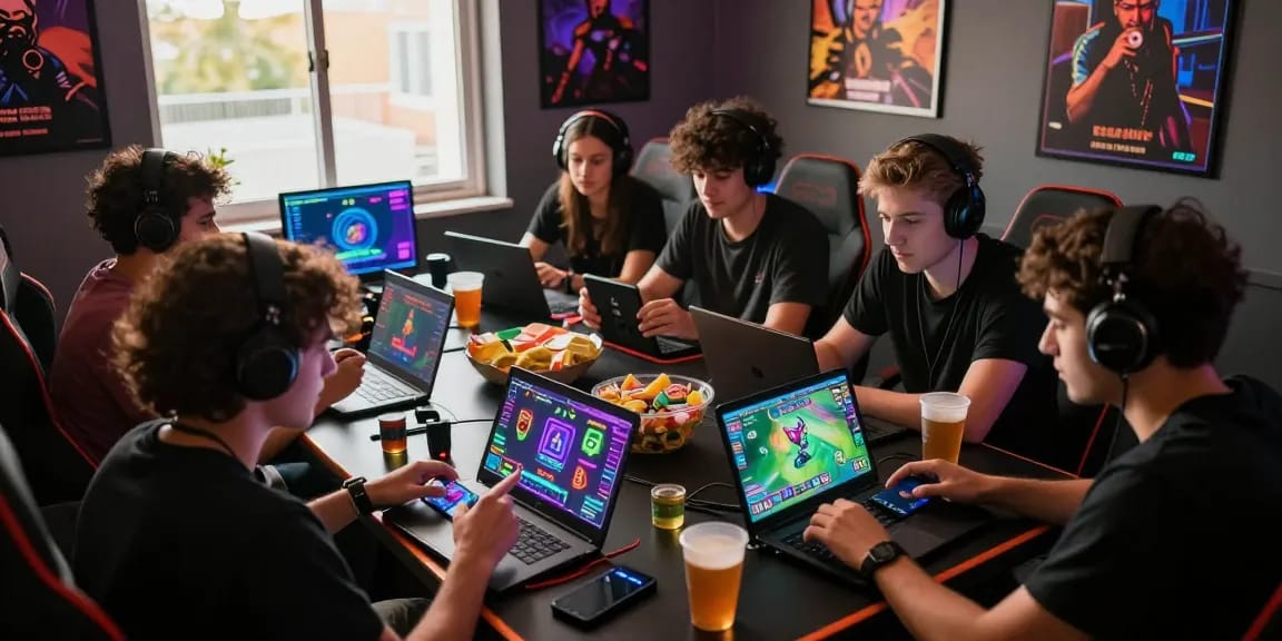 Group enjoying 3patti-ok game in a vibrant gaming lounge with mobile devices and snacks.