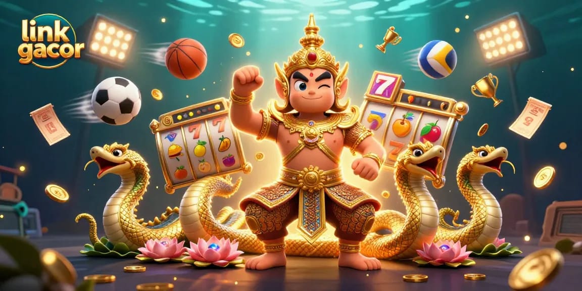 Spin the reels with excitement in the vibrant link gacor illustration featuring dynamic slot elements and energetic characters.