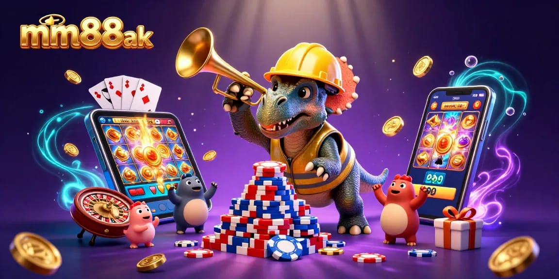 Engage with mm88ak in festive casino fun featuring a triceratops and slot games.