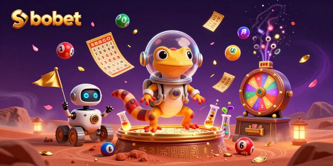 SBOBET brings excitement to online gaming with a vibrant alien-themed casino illustration featuring a Martian gecko.