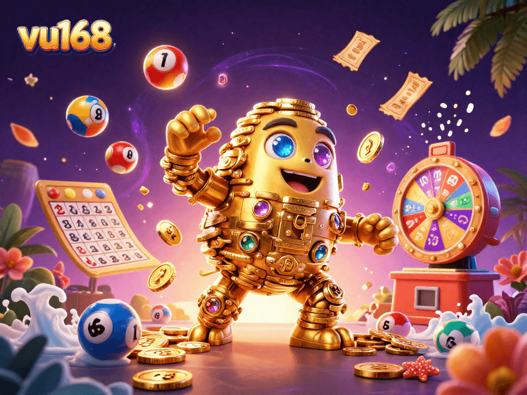 Experience excitement at vu168 with a dazzling 3D-goal made of coins and vibrant lottery elements.
