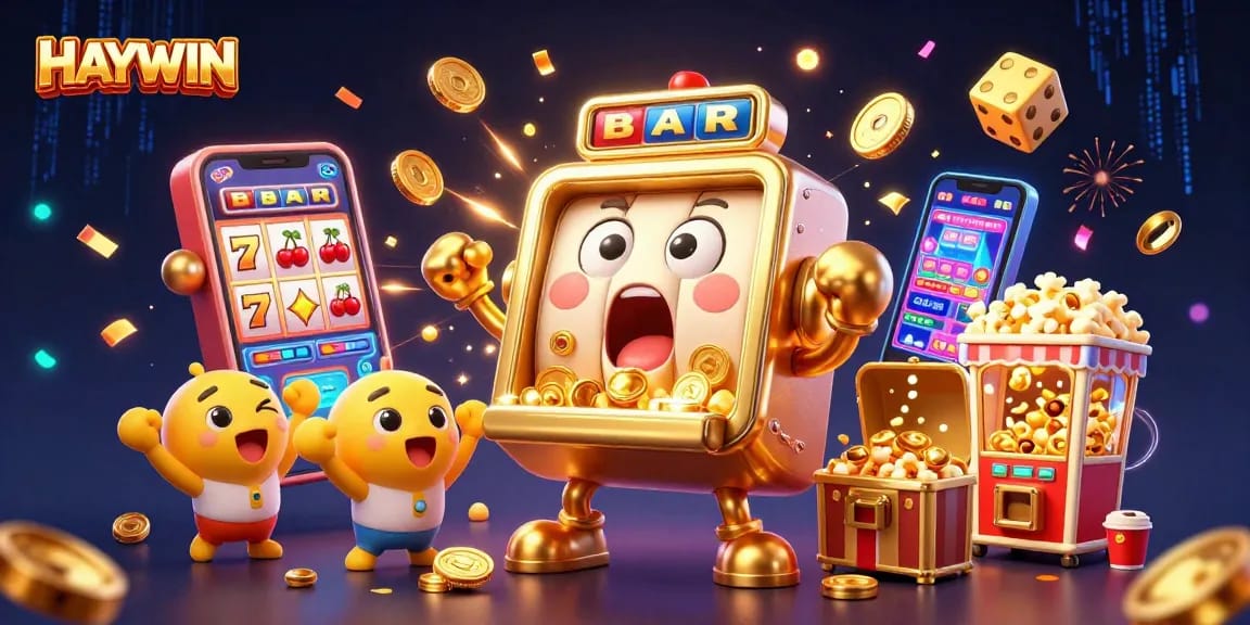 HAYWIN slot machine celebrates a jackpot victory, surrounded by cheering companions and coins raining down.