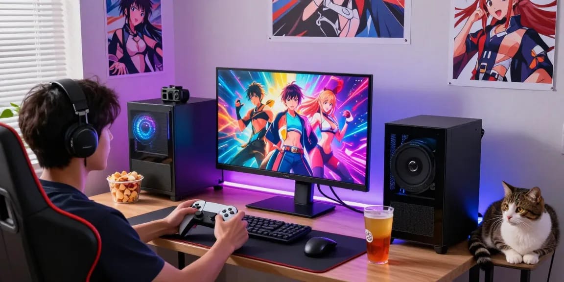 Immersive gaming scene with person playing hentai games, colorful graphics, cozy atmosphere