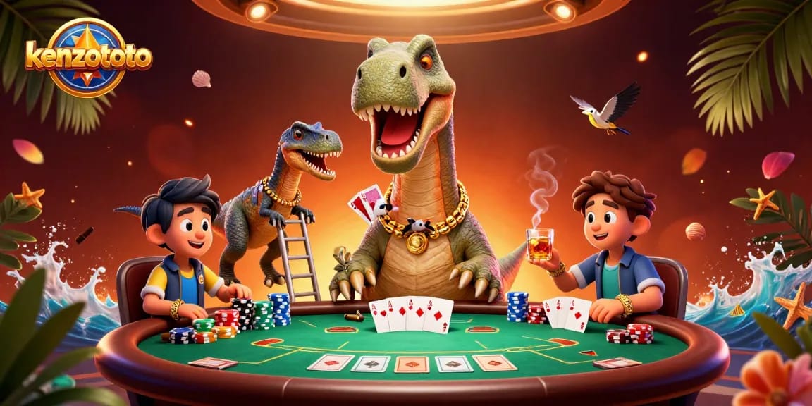 Kenzototo interactive experience showcasing a 3D cartoon brontosaurus and clever raptor dealing cards at unique poker table.