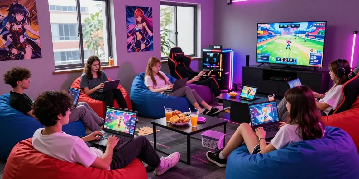 Friends enjoying hentai games in a vibrant gaming lounge.
