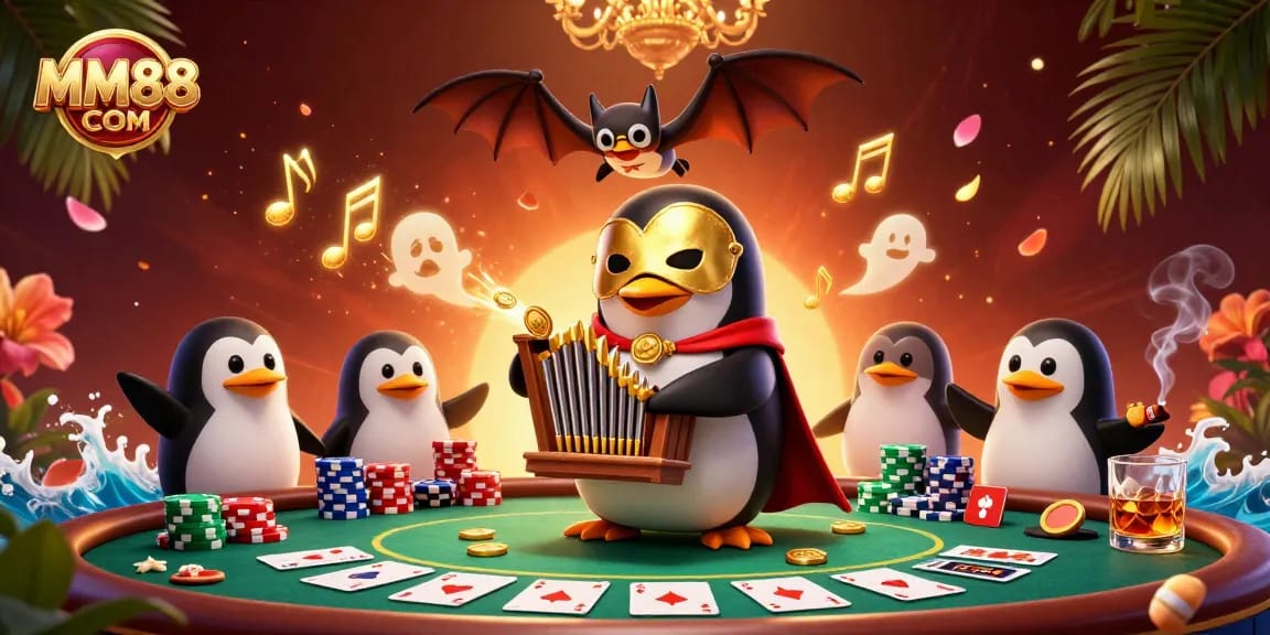 Engage with MM88 COM as the penguin organist unleashes golden coins in a vibrant casino scene.