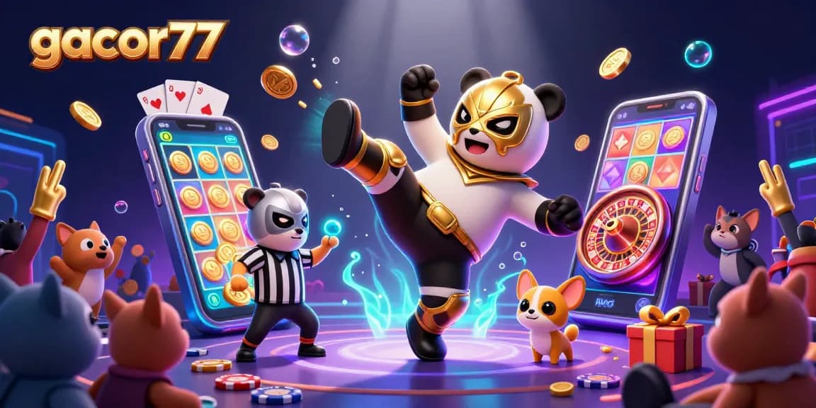 Gacor77 menghadirkan aksi seru dengan panda pegulat terbang dalam kick, penuh semangat permainan slot.