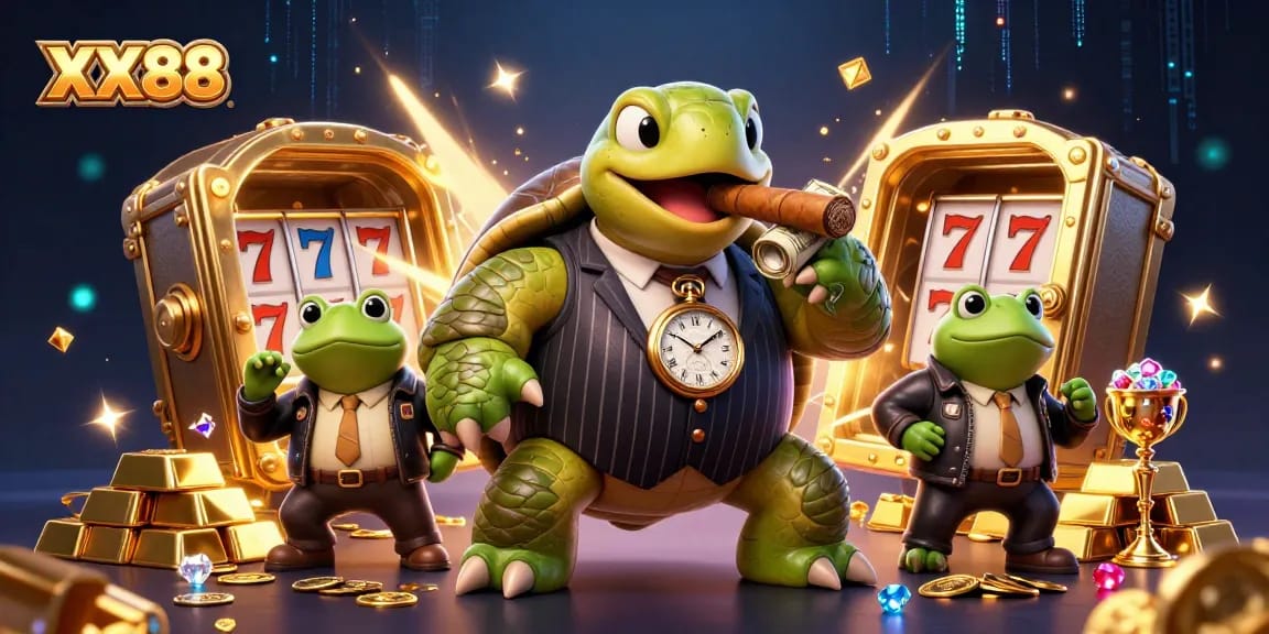 Experience the thrill of XX88 slots with a snapping turtle mobster and dynamic casino elements.