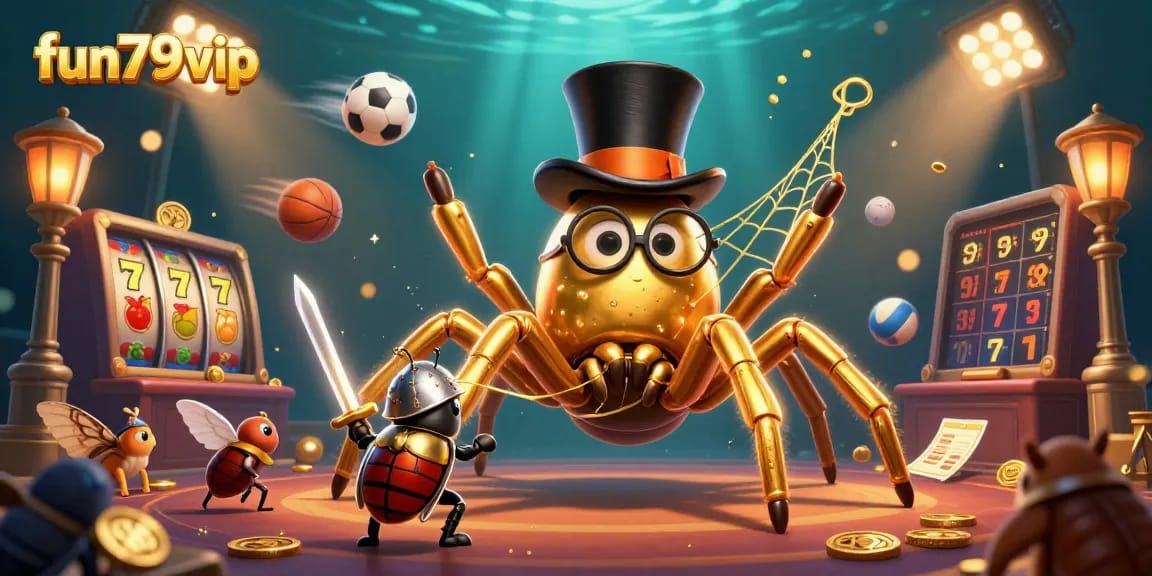 Engage in fun79vip's immersive gaming experience with a golden tarantula and beetle knight in an exciting casino scene.